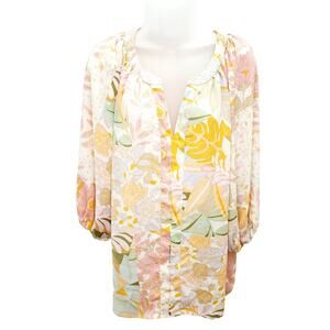 Rose + Olive Pastel Floral Retro Print V Neck 3/4 Sleeve Women's Blouse Size 1X